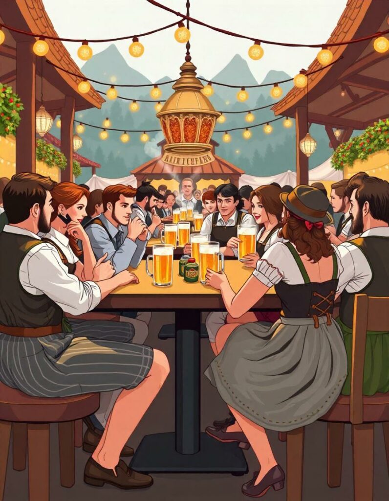 a big table with people dressed in dirdnls and lederhosen sitting at a big table with big beer glasses. With a cosy environment. To show what a Octoberfest looks like. 