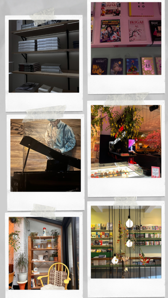 6 pictures in a Collage. The one in the left top is a picture of a book shelf with white books. In the right top there is a pink table with pink book covers. Middle left is a piano with a painting of a man behind it. Right middle is a picture of a food restaurant. Left bottom there is a chair and a bookshelf. Right bottom is a lamp with books behind it. 