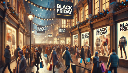 a busy shopping street with christmas lights with signs everywhere saying 'Black Friday'