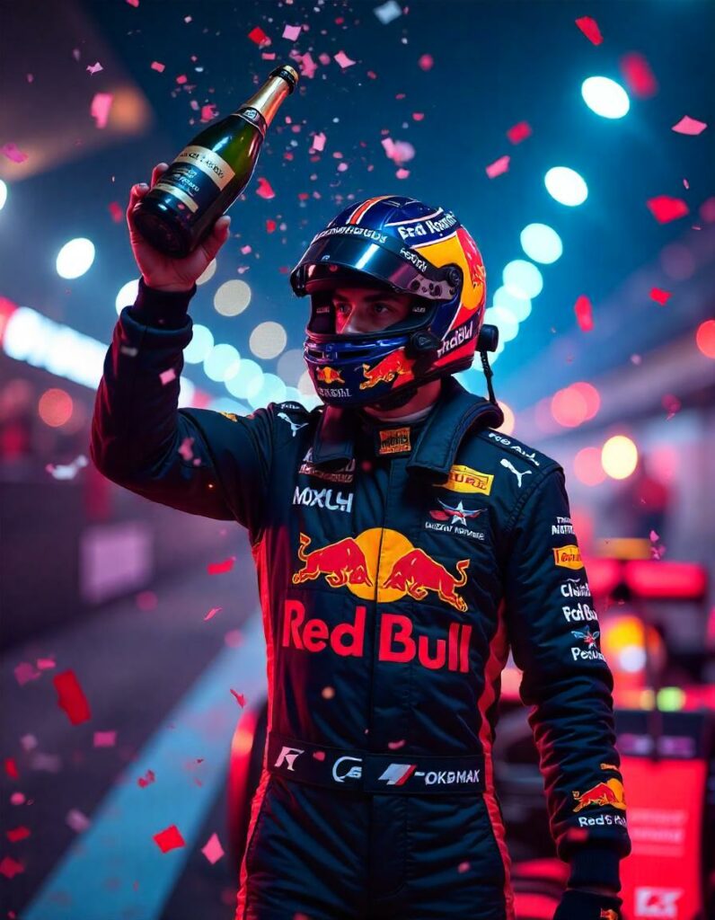 Max Verstappen with his fourth championship. With confetti in the background and campagne in her hand. 